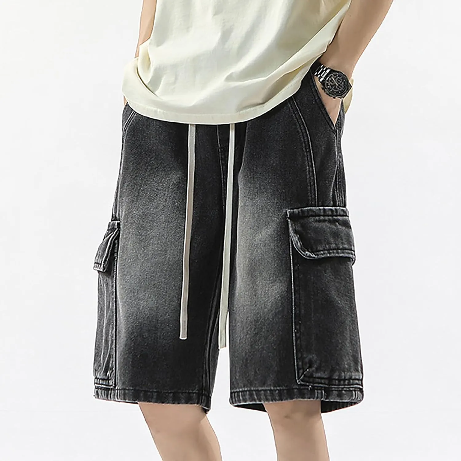 Men Loose Fit Denim Shorts Baggy Casual Summer Wide Leg Mid Jean Jorts Hip Hop Shorts Streetwear with Pockets