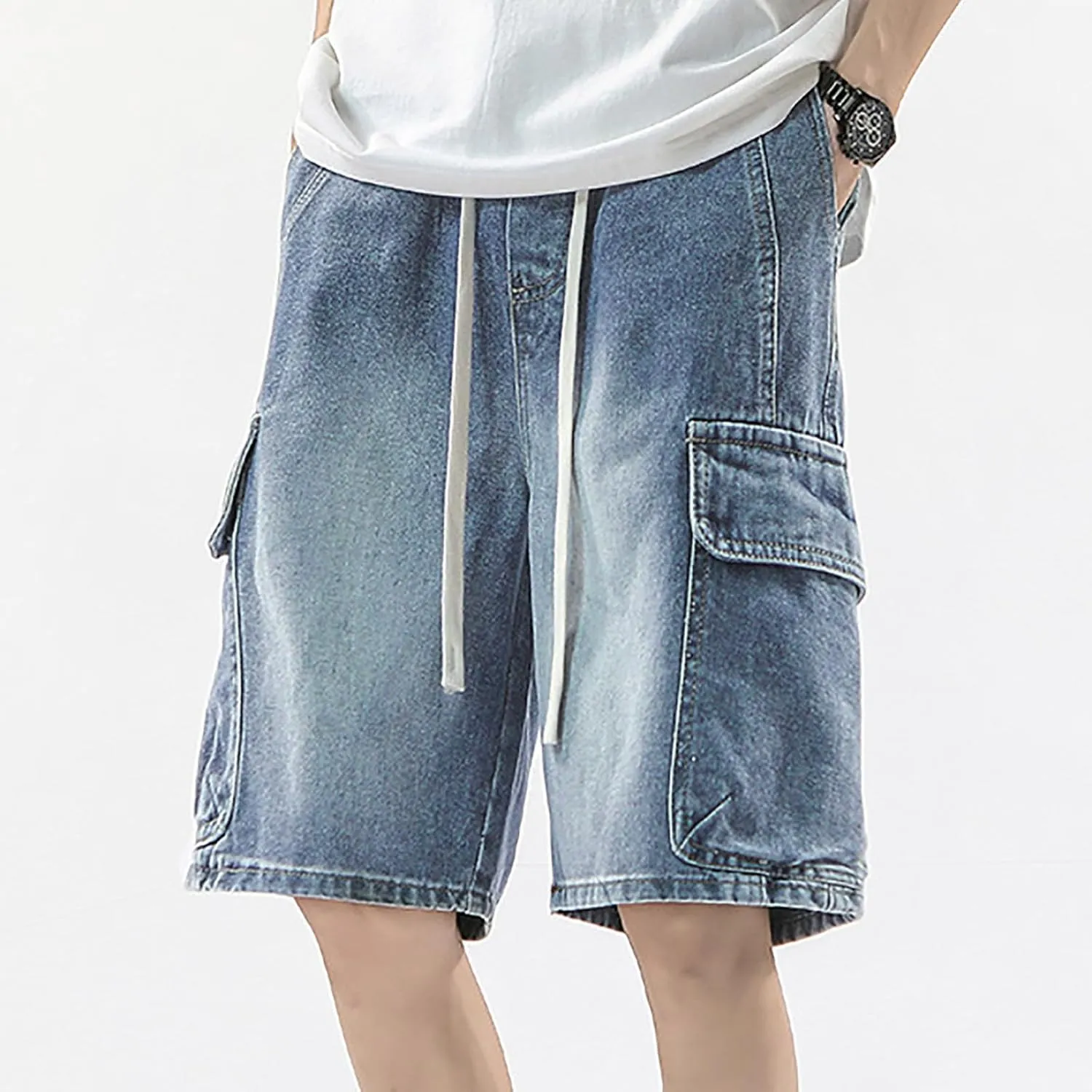 Mens Baggy Denim Jorts Y2K Grunge Loose Hip Hop Jean Shorts Wide Leg Mid Jeans Streetwear with Pockets