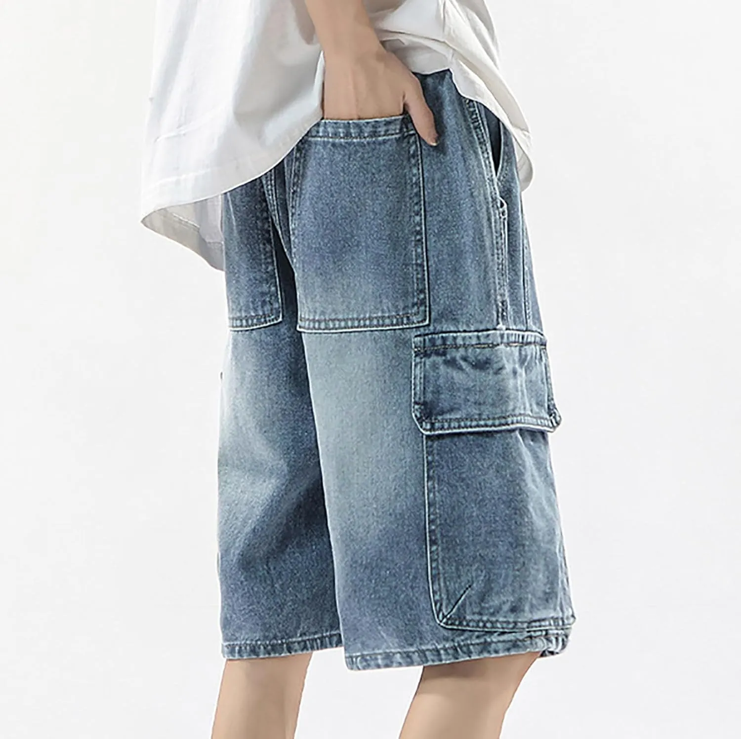 Mens Baggy Denim Jorts Y2K Grunge Loose Hip Hop Jean Shorts Wide Leg Mid Jeans Streetwear with Pockets