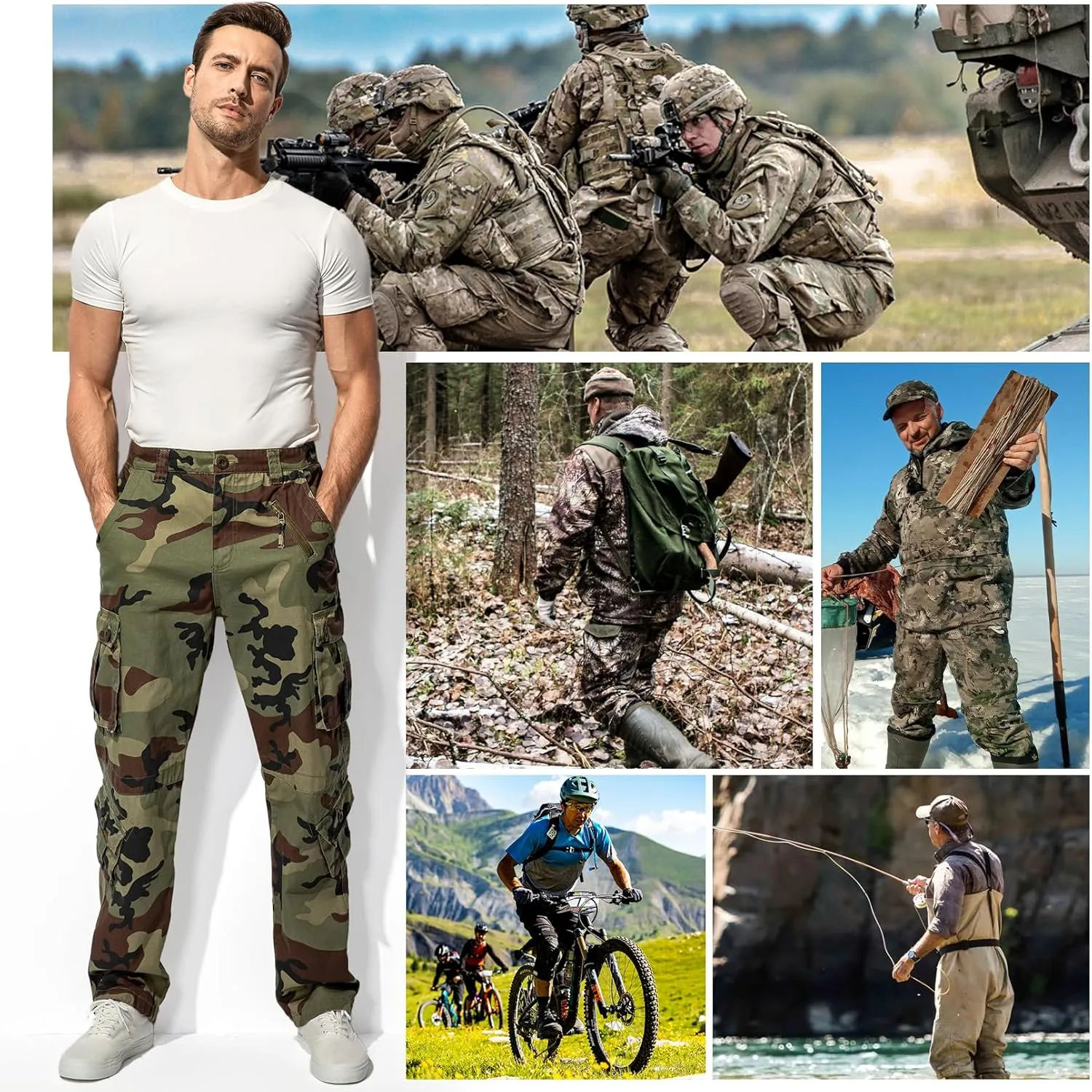 Men's BDU Casual Military Pants, Tactical Wild Army Combat ACU Rip Stop Camo Cargo Work Pants Trousers with 8 Pockets