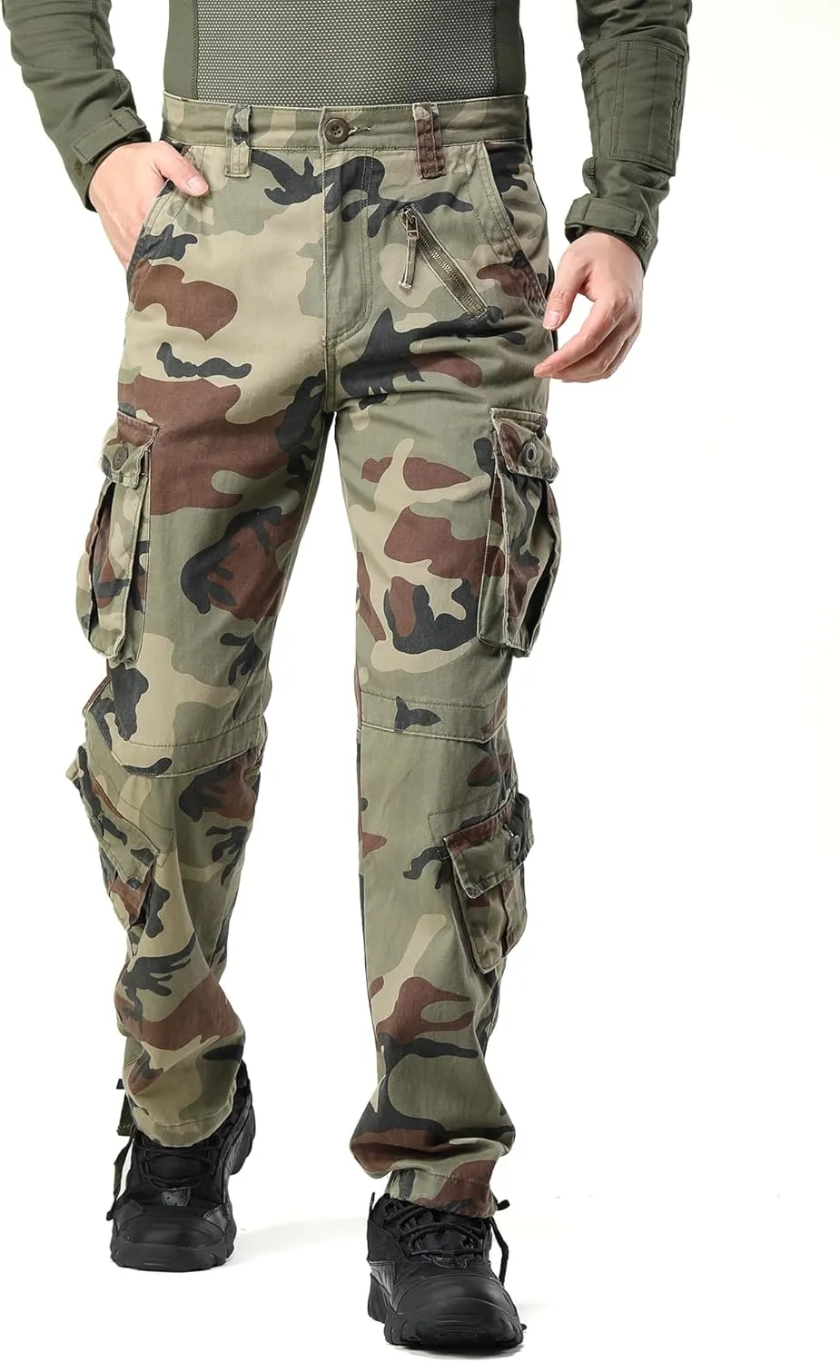 Men's Camo BDU Cargo Tactical Ripstop Casual Lightweight Baggy Combat 100% Cotton Pants with 8 Pockets(No Belt)