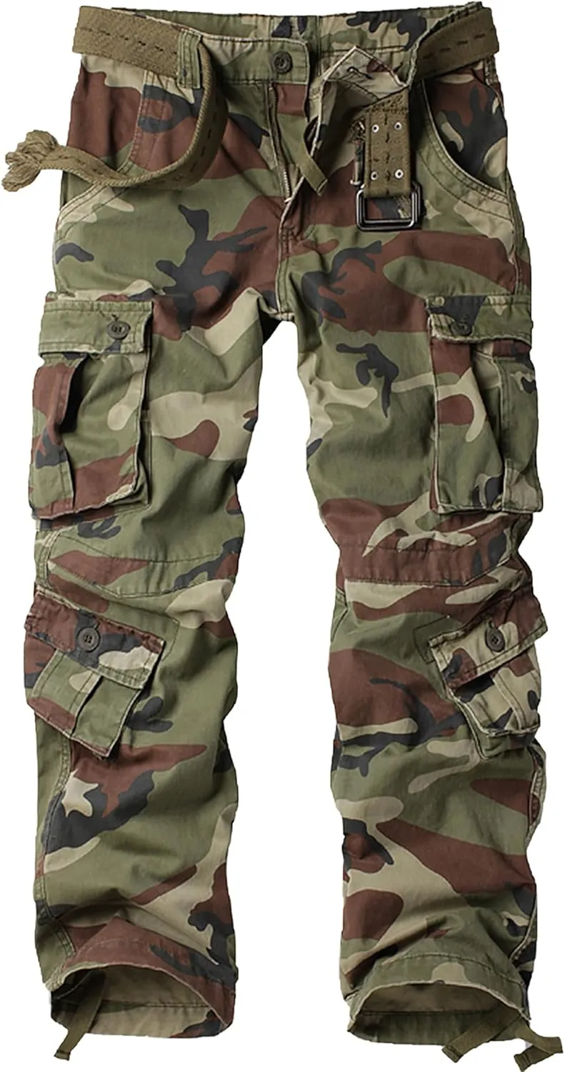Men's Camo BDU Cargo Tactical Ripstop Casual Lightweight Baggy Combat 100% Cotton Pants with 8 Pockets(No Belt)