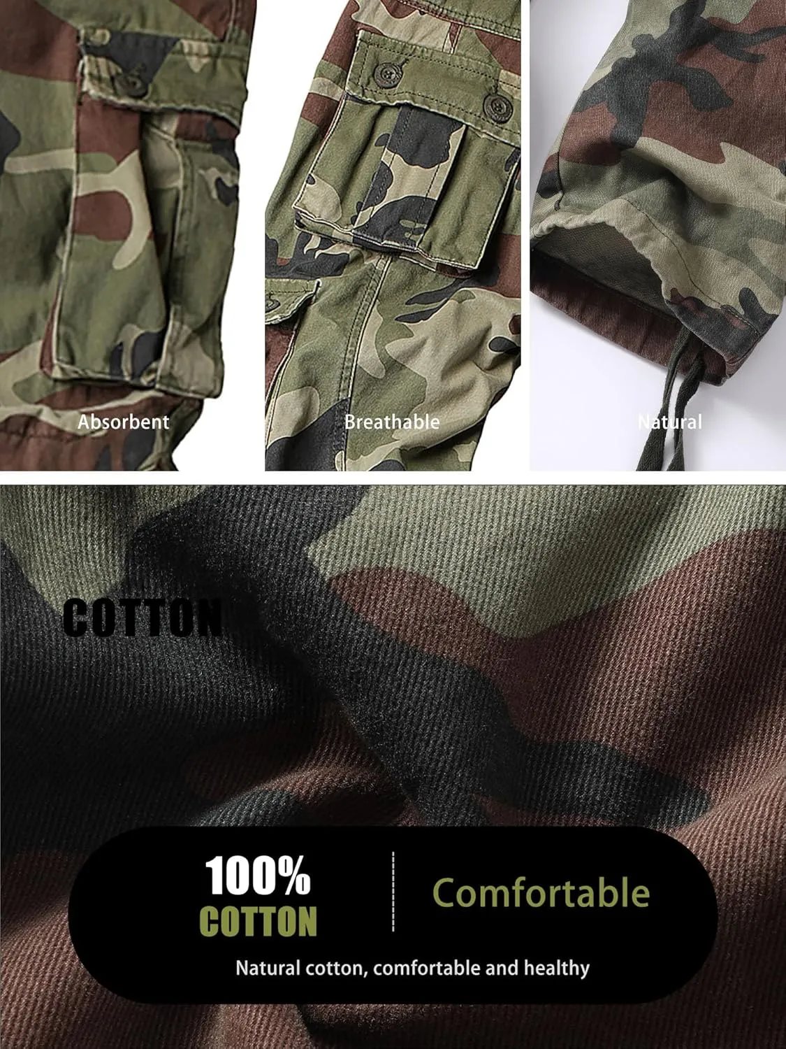 Men's Camo BDU Cargo Tactical Ripstop Casual Lightweight Baggy Combat 100% Cotton Pants with 8 Pockets(No Belt)
