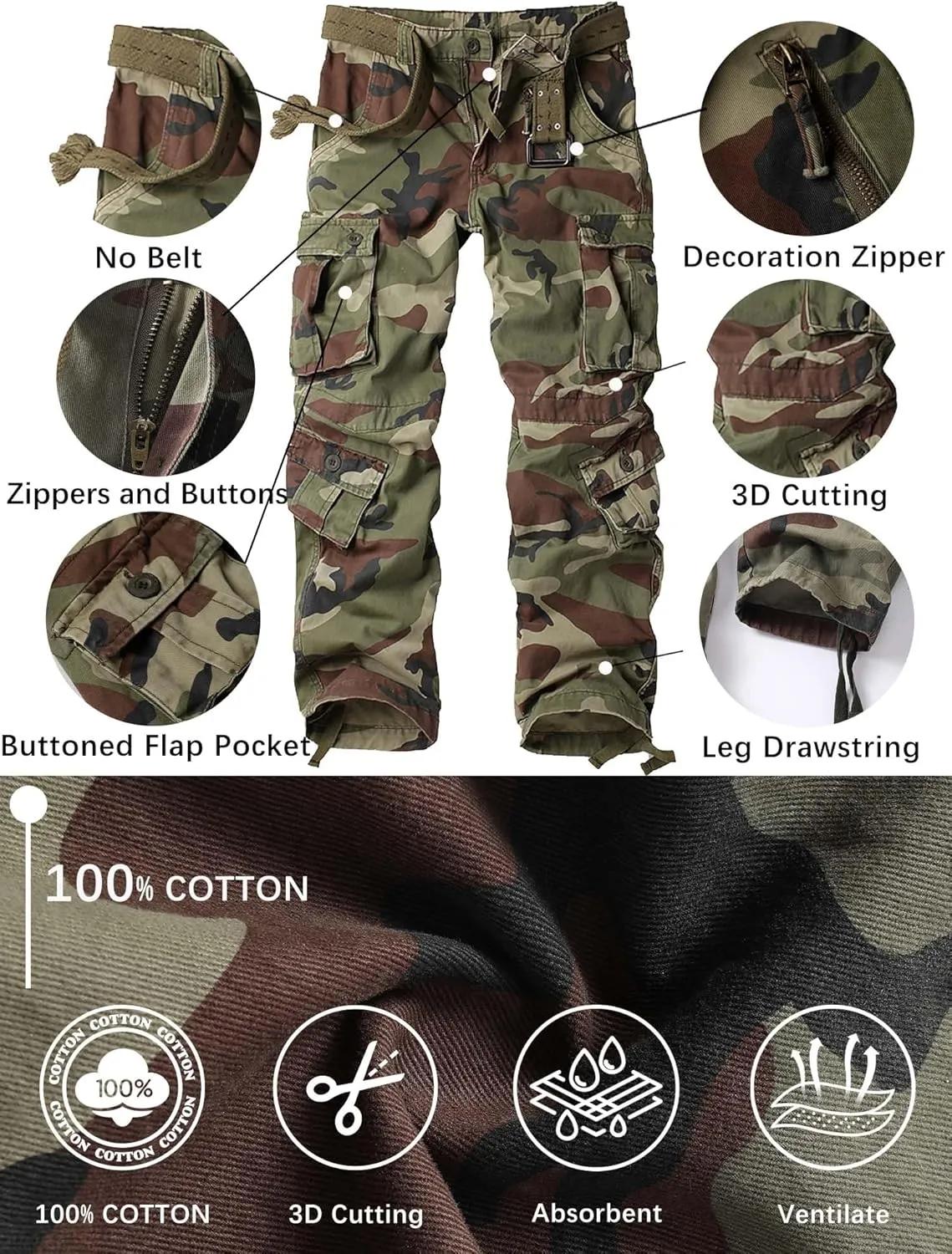 Men's Camo BDU Cargo Tactical Ripstop Casual Lightweight Baggy Combat 100% Cotton Pants with 8 Pockets(No Belt)