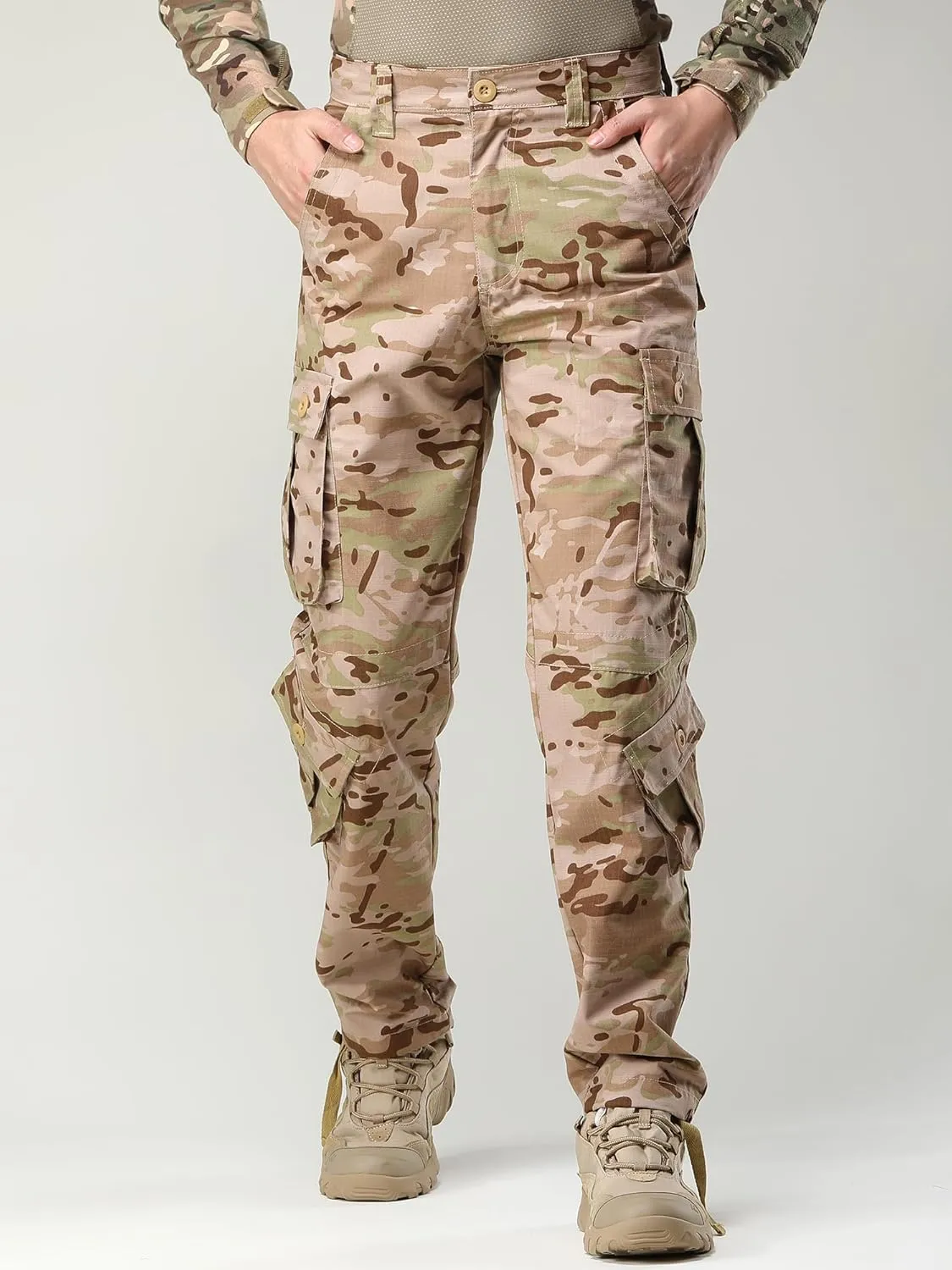 Men's Camo Cargo Work Pants Ripstop Lightweight Wild Army Military BDU Outdoor Trousers with 8 Pocktets (No Belt)