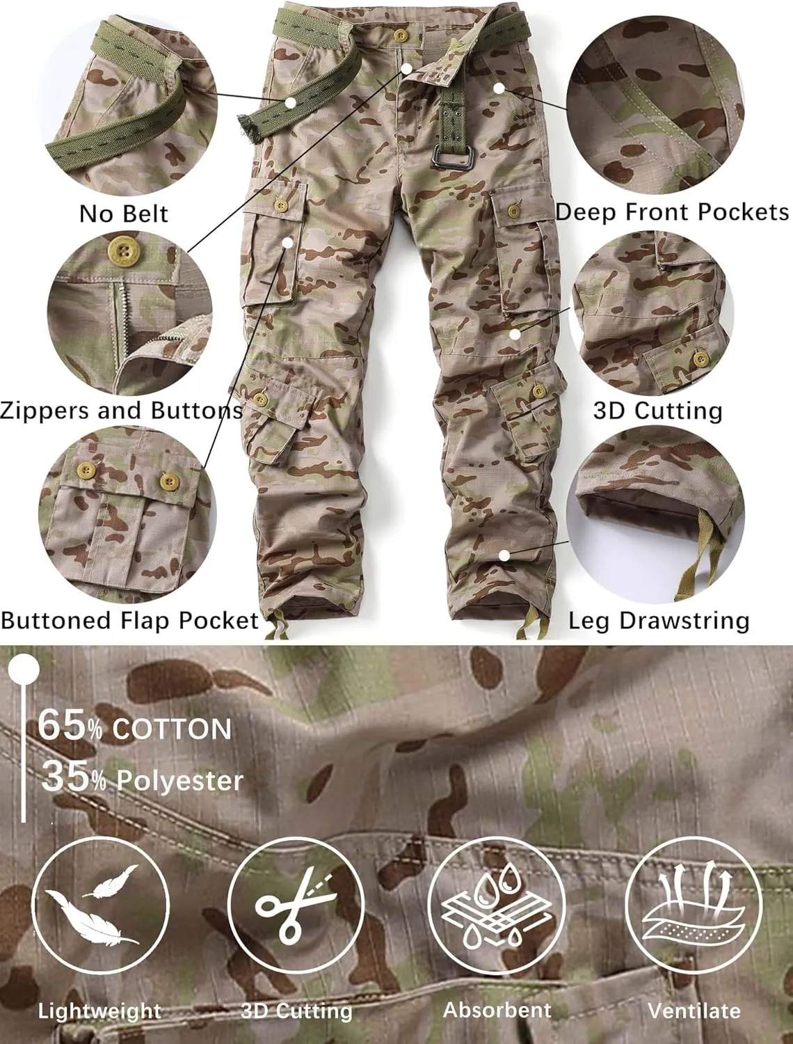 Men's Camo Cargo Work Pants Ripstop Lightweight Wild Army Military BDU Outdoor Trousers with 8 Pocktets (No Belt)