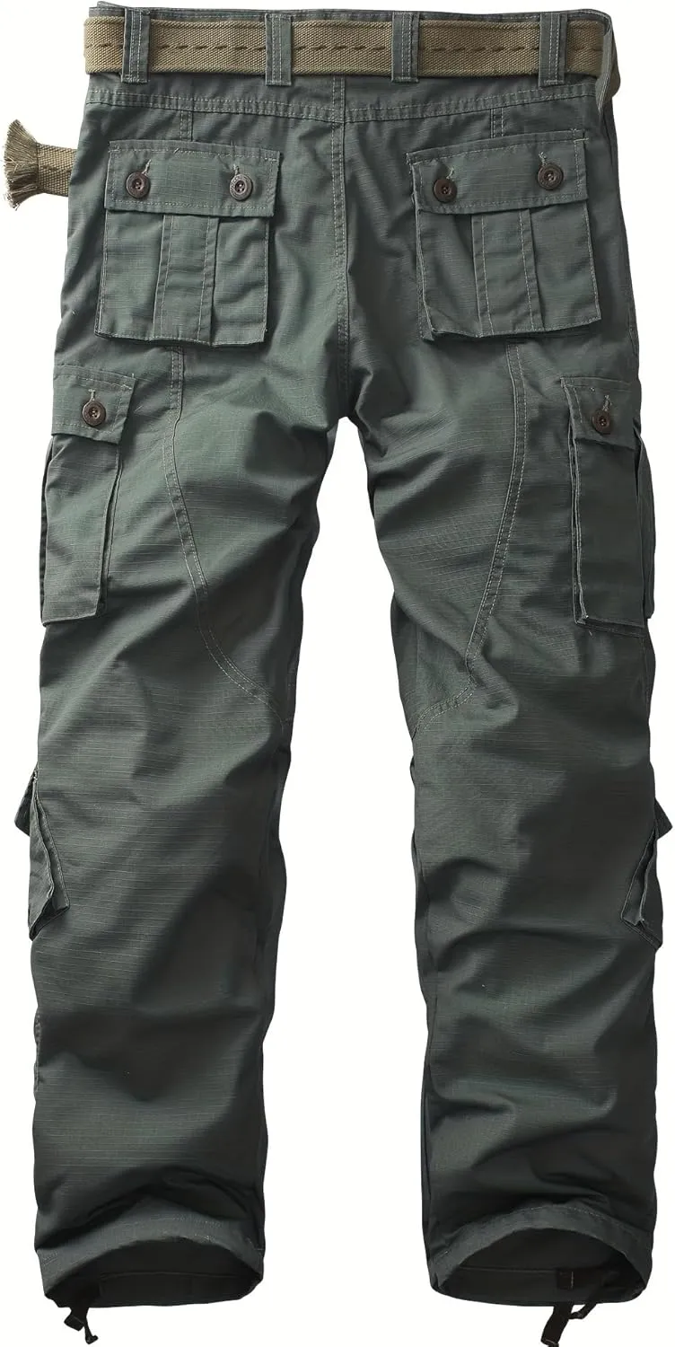 Men's Camo Cargo Work Pants Ripstop Lightweight Wild Army Military BDU Outdoor Trousers with 8 Pocktets (No Belt)