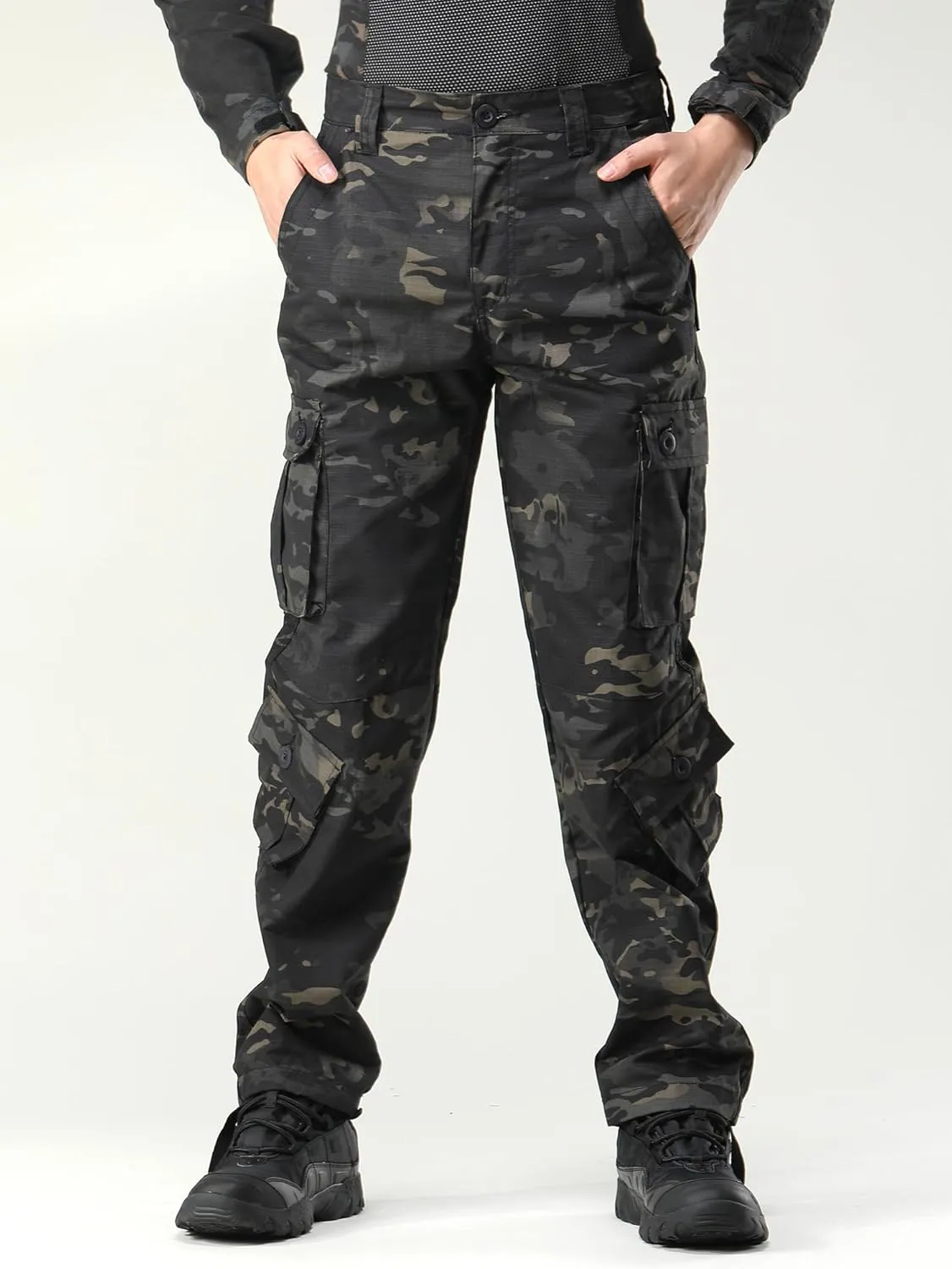 Men's Camo Cargo Work Pants Ripstop Lightweight Wild Army Military BDU Outdoor Trousers with 8 Pocktets (No Belt)