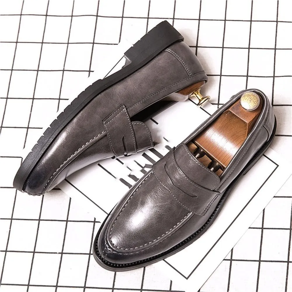 Mens Korean Style Genuine Leather Oxford Loafers Slip On Classic Business Casual Comfy Bean Vintage Round Head Dress Shoes