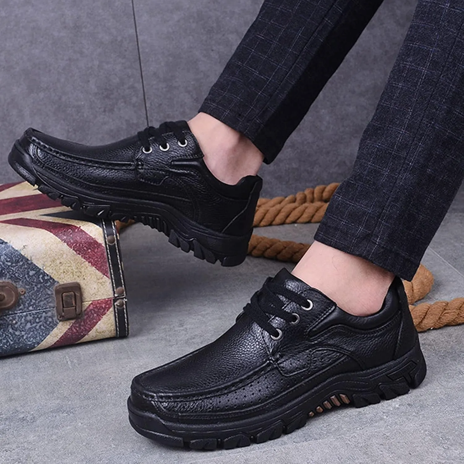 Men's Leather Arch Support Dress Shoes,Comfort Slip On/Lace up Non-Slip Softsole Casual Oxford Travel Walking Loafers