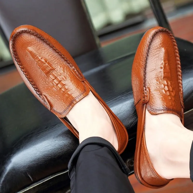 Mens Loafers Shoe Round Toe Solid Color Crocodile Print Leather Loafer Shoes Flat Heel Slip Resistant Comfortable Casual Fashion Slip-ons