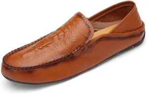 Mens Loafers Shoe Round Toe Solid Color Crocodile Print Leather Loafer Shoes Flat Heel Slip Resistant Comfortable Casual Fashion Slip-ons