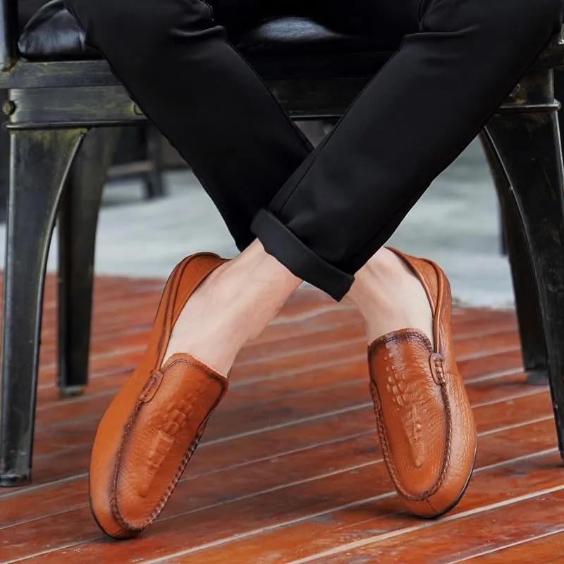 Mens Loafers Shoe Round Toe Solid Color Crocodile Print Leather Loafer Shoes Flat Heel Slip Resistant Comfortable Casual Fashion Slip-ons