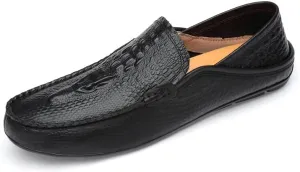 Mens Loafers Shoe Round Toe Solid Color Crocodile Print Leather Loafer Shoes Flat Heel Slip Resistant Comfortable Casual Fashion Slip-ons