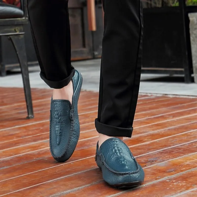 Mens Loafers Shoe Round Toe Solid Color Crocodile Print Leather Loafer Shoes Flat Heel Slip Resistant Comfortable Casual Fashion Slip-ons