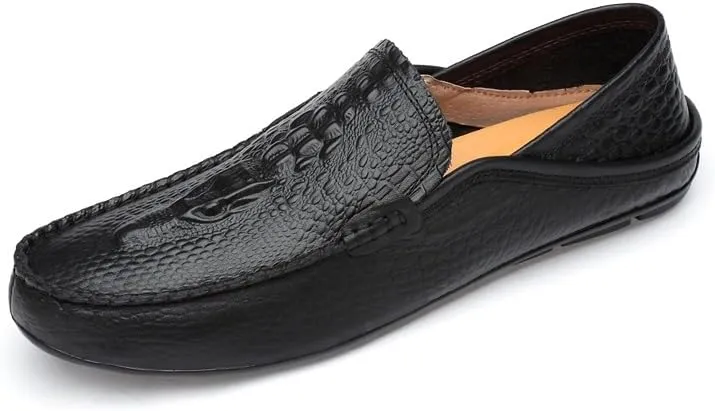 Mens Loafers Shoe Round Toe Solid Color Crocodile Print Leather Loafer Shoes Flat Heel Slip Resistant Comfortable Casual Fashion Slip-ons