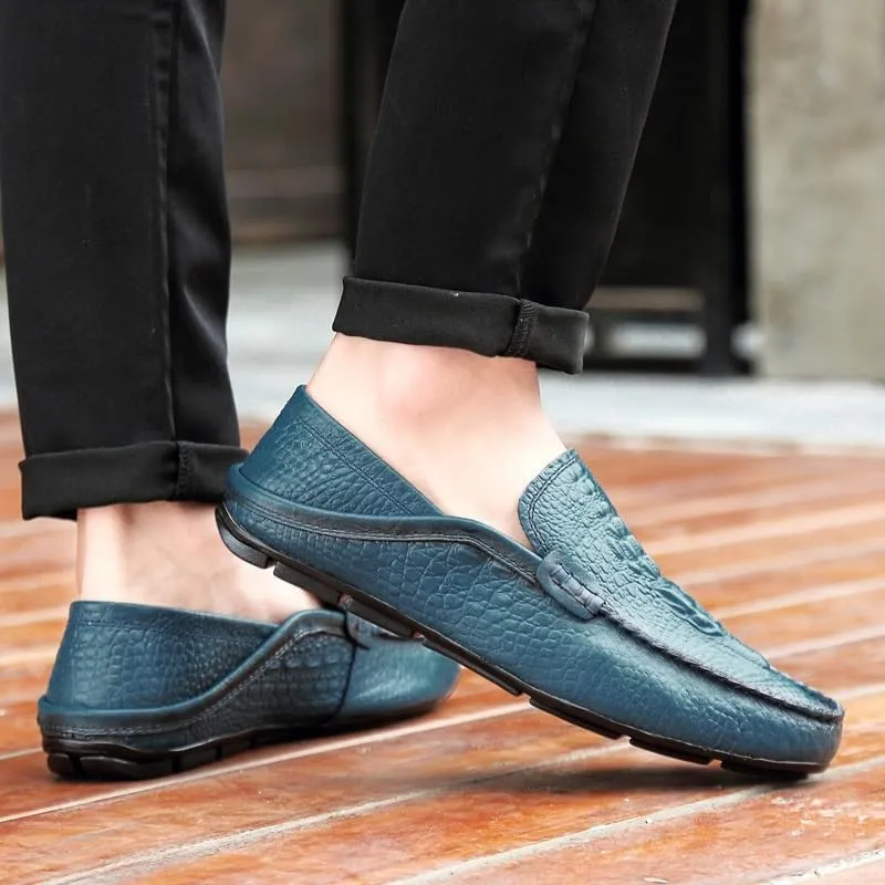 Mens Loafers Shoe Round Toe Solid Color Crocodile Print Leather Loafer Shoes Flat Heel Slip Resistant Comfortable Casual Fashion Slip-ons