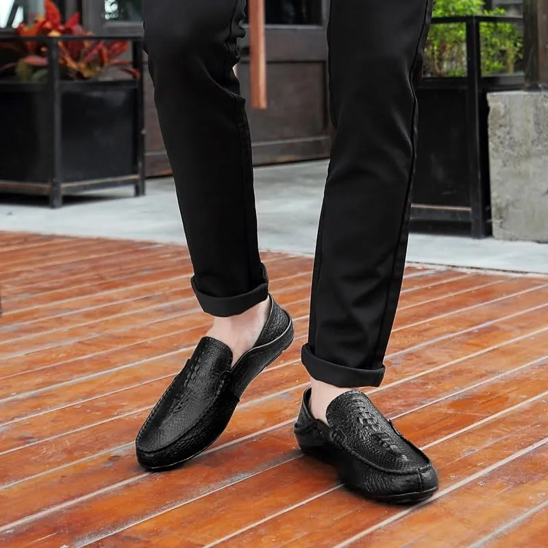 Mens Loafers Shoe Round Toe Solid Color Crocodile Print Leather Loafer Shoes Flat Heel Slip Resistant Comfortable Casual Fashion Slip-ons