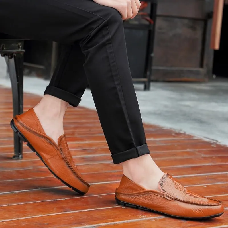 Mens Loafers Shoe Round Toe Solid Color Crocodile Print Leather Loafer Shoes Flat Heel Slip Resistant Comfortable Casual Fashion Slip-ons