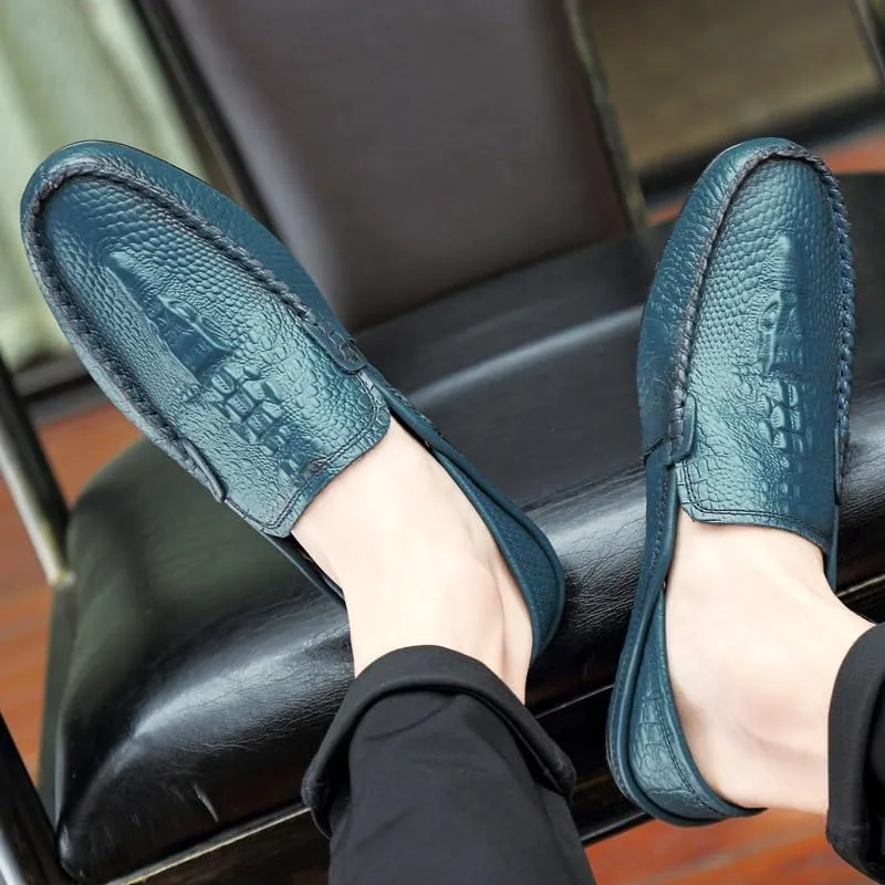 Mens Loafers Shoe Round Toe Solid Color Crocodile Print Leather Loafer Shoes Flat Heel Slip Resistant Comfortable Casual Fashion Slip-ons