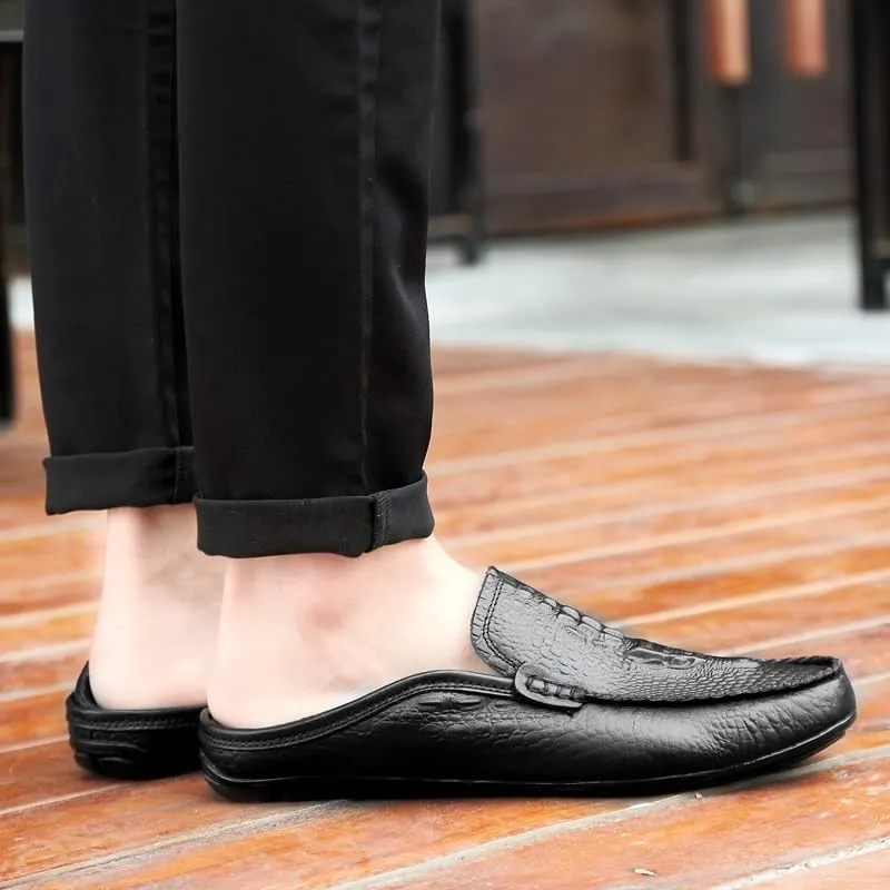 Mens Loafers Shoe Round Toe Solid Color Crocodile Print Leather Loafer Shoes Flat Heel Slip Resistant Comfortable Casual Fashion Slip-ons