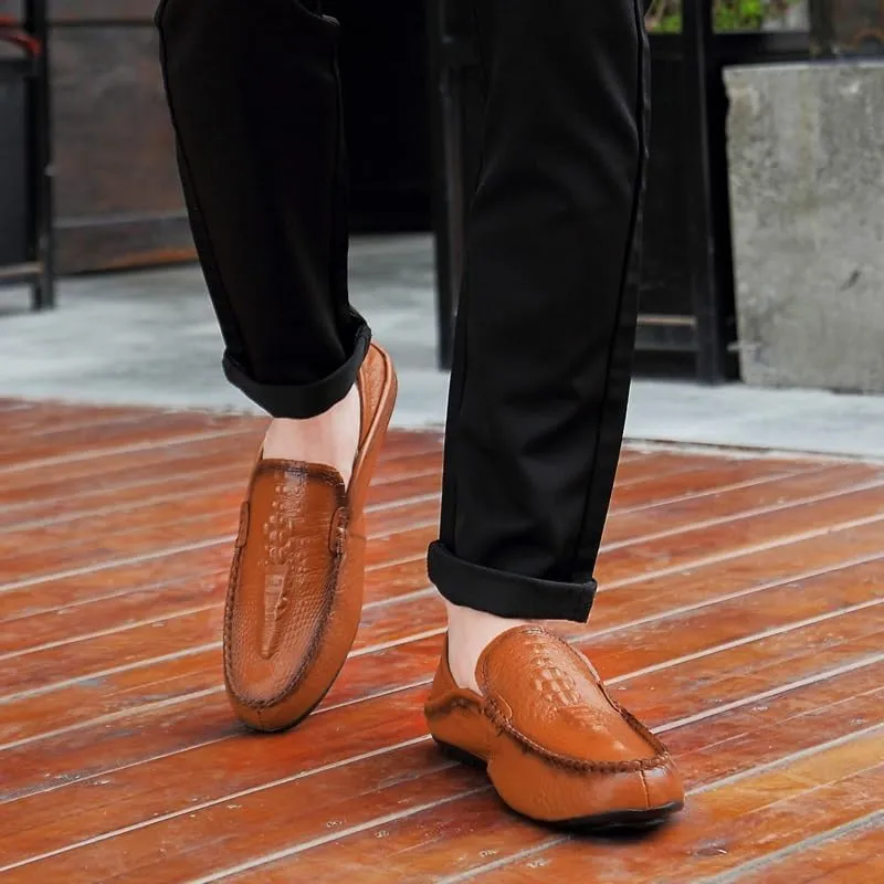 Mens Loafers Shoe Round Toe Solid Color Crocodile Print Leather Loafer Shoes Flat Heel Slip Resistant Comfortable Casual Fashion Slip-ons