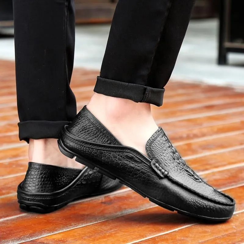 Mens Loafers Shoe Round Toe Solid Color Crocodile Print Leather Loafer Shoes Flat Heel Slip Resistant Comfortable Casual Fashion Slip-ons