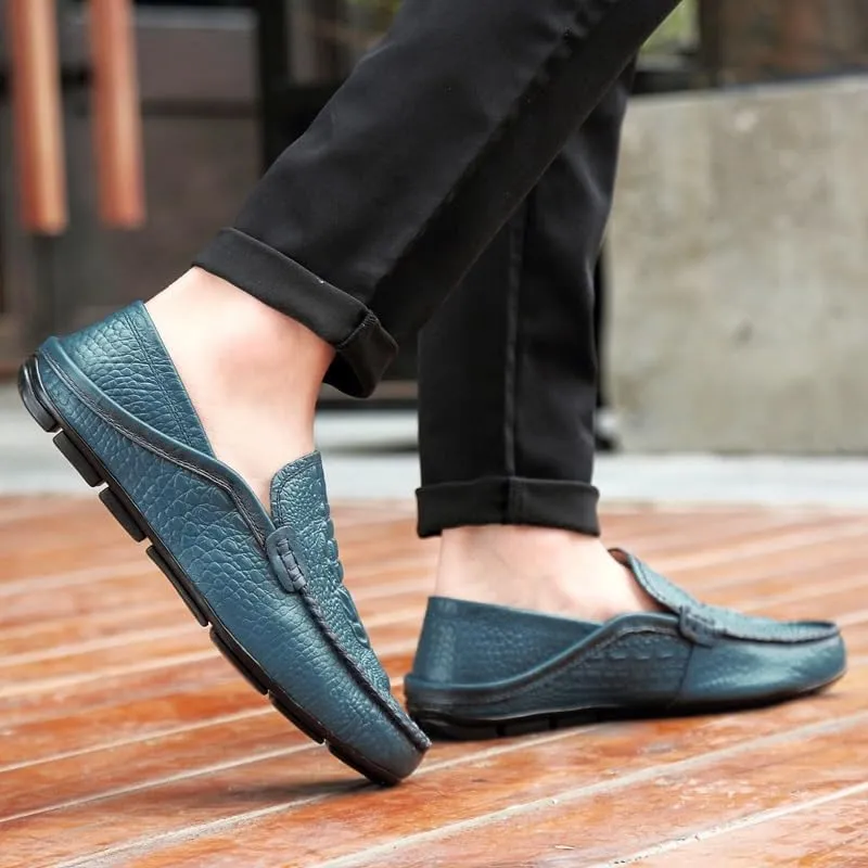 Mens Loafers Shoe Round Toe Solid Color Crocodile Print Leather Loafer Shoes Flat Heel Slip Resistant Comfortable Casual Fashion Slip-ons