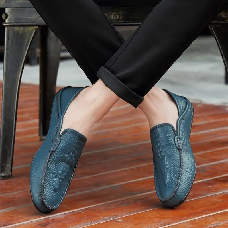Mens Loafers Shoe Round Toe Solid Color Crocodile Print Leather Loafer Shoes Flat Heel Slip Resistant Comfortable Casual Fashion Slip-ons