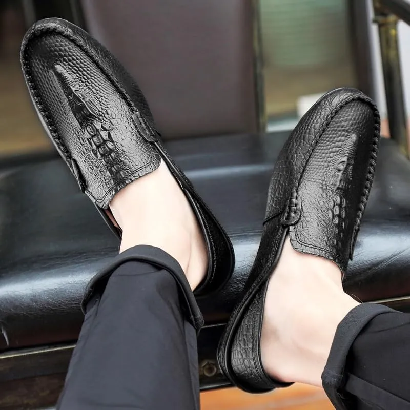 Mens Loafers Shoe Round Toe Solid Color Crocodile Print Leather Loafer Shoes Flat Heel Slip Resistant Comfortable Casual Fashion Slip-ons