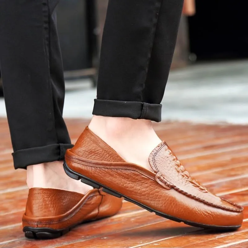 Mens Loafers Shoe Round Toe Solid Color Crocodile Print Leather Loafer Shoes Flat Heel Slip Resistant Comfortable Casual Fashion Slip-ons