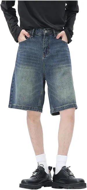 Men's Loose Fit Hip Hop Cropped Jean Shorts Baggy Denim Shorts with Pockets Casual Summer Streetwear Clothes