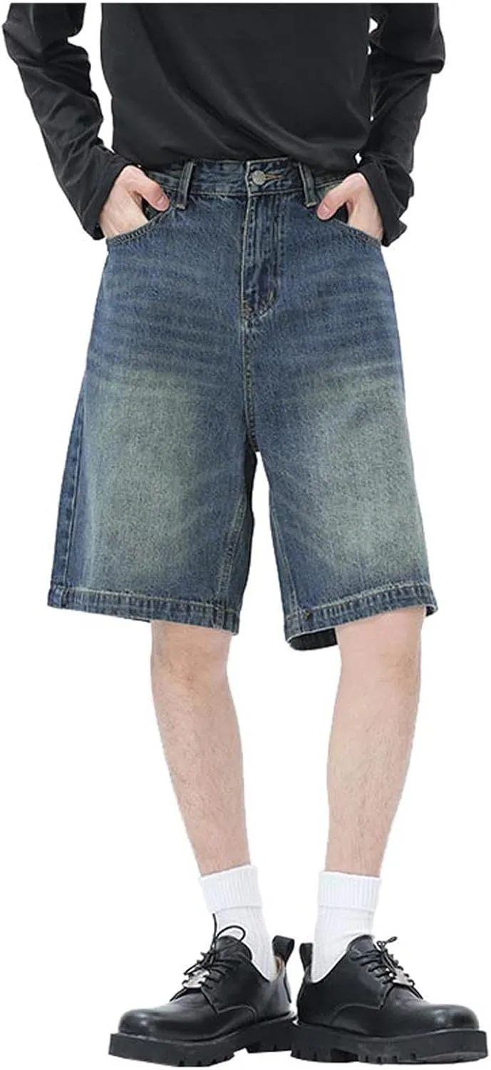 Men's Loose Fit Hip Hop Cropped Jean Shorts Baggy Denim Shorts with Pockets Casual Summer Streetwear Clothes