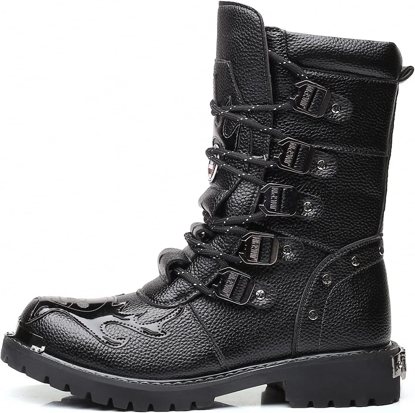 Mens Motorcycle Backpacking Military Boots Gothic Mid-Calf Retro Leather Punk Rock Tactical Steel Metal Round Toe Waterproof Riding Hunting Walking Footwear Outdoor Hiking Camping Climbing Trekking