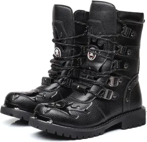 Mens Motorcycle Backpacking Military Boots Gothic Mid-Calf Retro Leather Punk Rock Tactical Steel Metal Round Toe Waterproof Riding Hunting Walking Footwear Outdoor Hiking Camping Climbing Trekking
