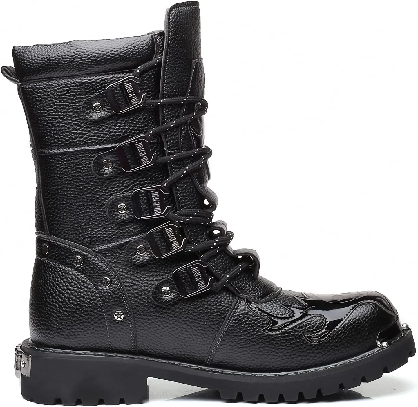 Mens Motorcycle Backpacking Military Boots Gothic Mid-Calf Retro Leather Punk Rock Tactical Steel Metal Round Toe Waterproof Riding Hunting Walking Footwear Outdoor Hiking Camping Climbing Trekking