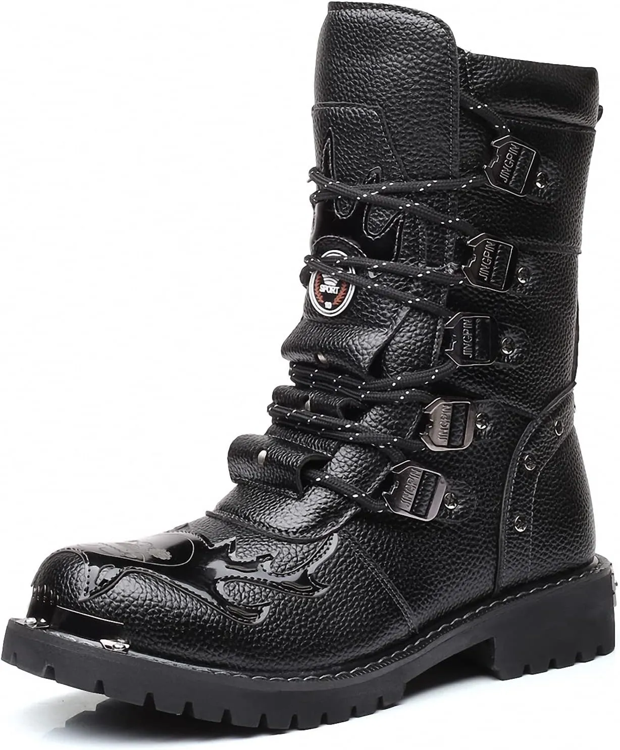 Mens Motorcycle Backpacking Military Boots Gothic Mid-Calf Retro Leather Punk Rock Tactical Steel Metal Round Toe Waterproof Riding Hunting Walking Footwear Outdoor Hiking Camping Climbing Trekking