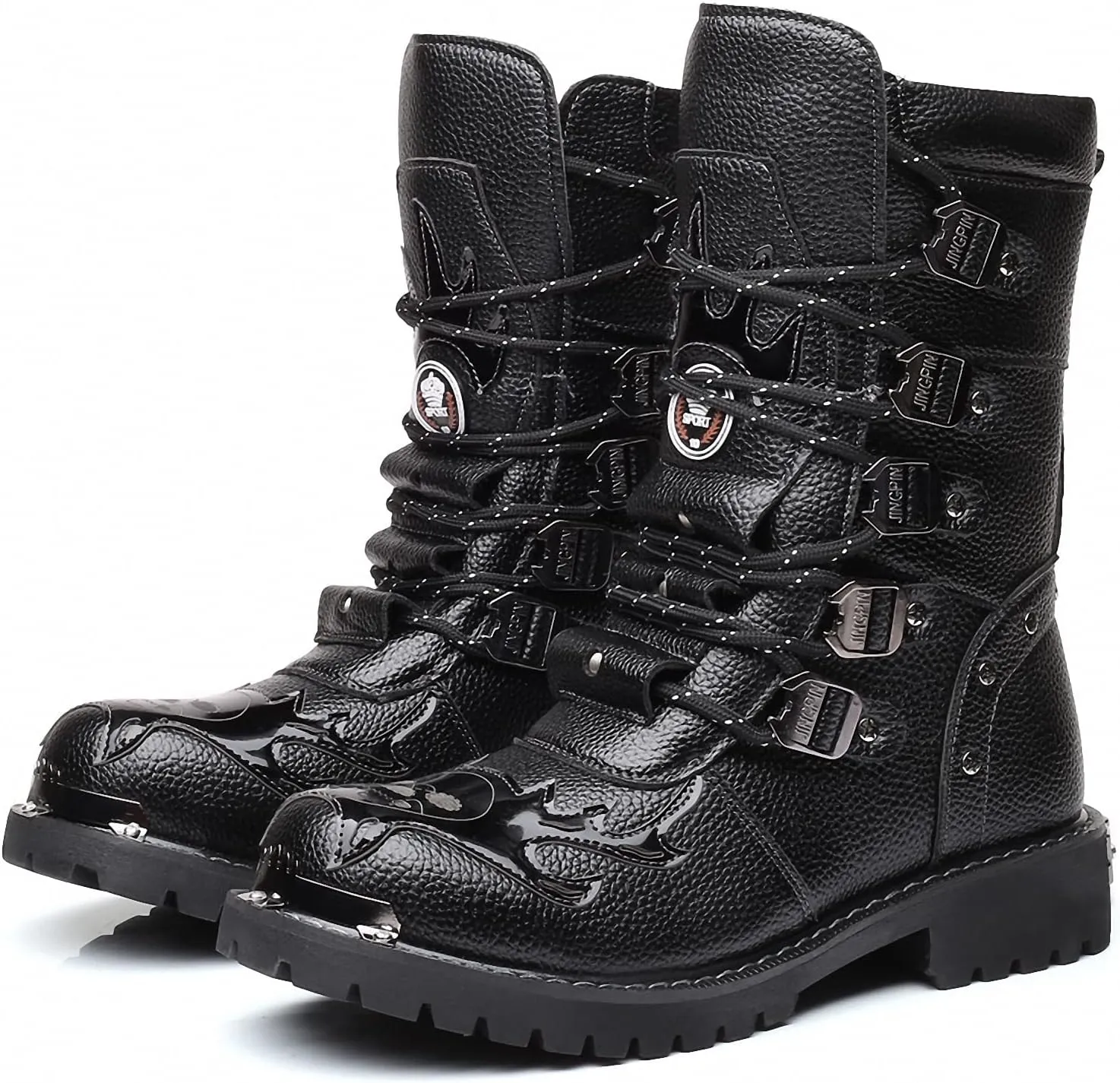 Mens Motorcycle Backpacking Military Boots Gothic Mid-Calf Retro Leather Punk Rock Tactical Steel Metal Round Toe Waterproof Riding Hunting Walking Footwear Outdoor Hiking Camping Climbing Trekking