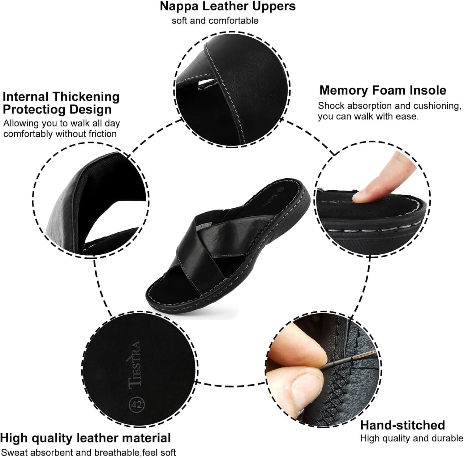 Mens Napa Leather Slides Sandals Soft Cushion Dress Sandals with Memory Foam Footbed Comfortable & Lightweight Summer Beach Indoor & Outdoor Slip On Casual Footwear