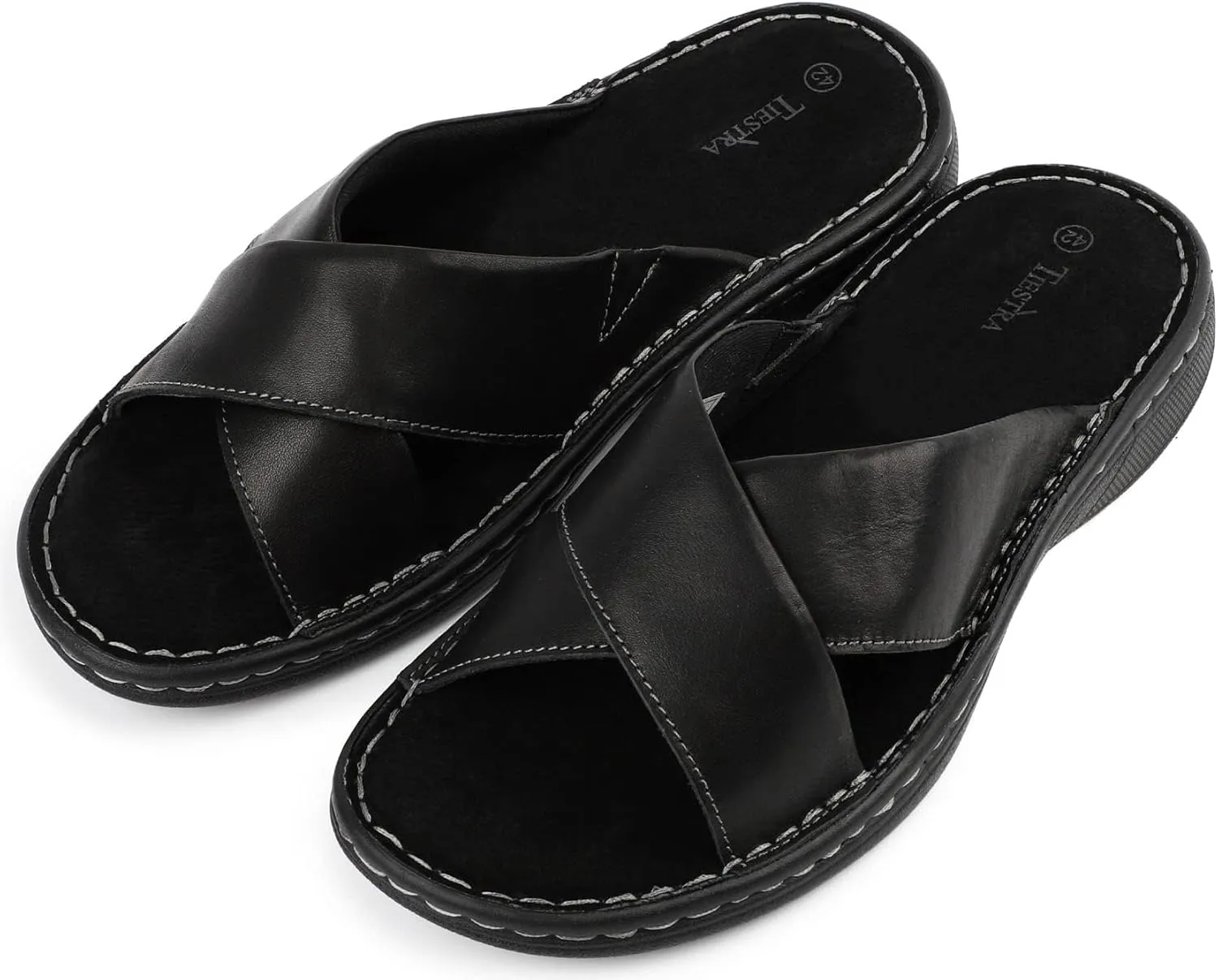 Mens Napa Leather Slides Sandals Soft Cushion Dress Sandals with Memory Foam Footbed Comfortable & Lightweight Summer Beach Indoor & Outdoor Slip On Casual Footwear