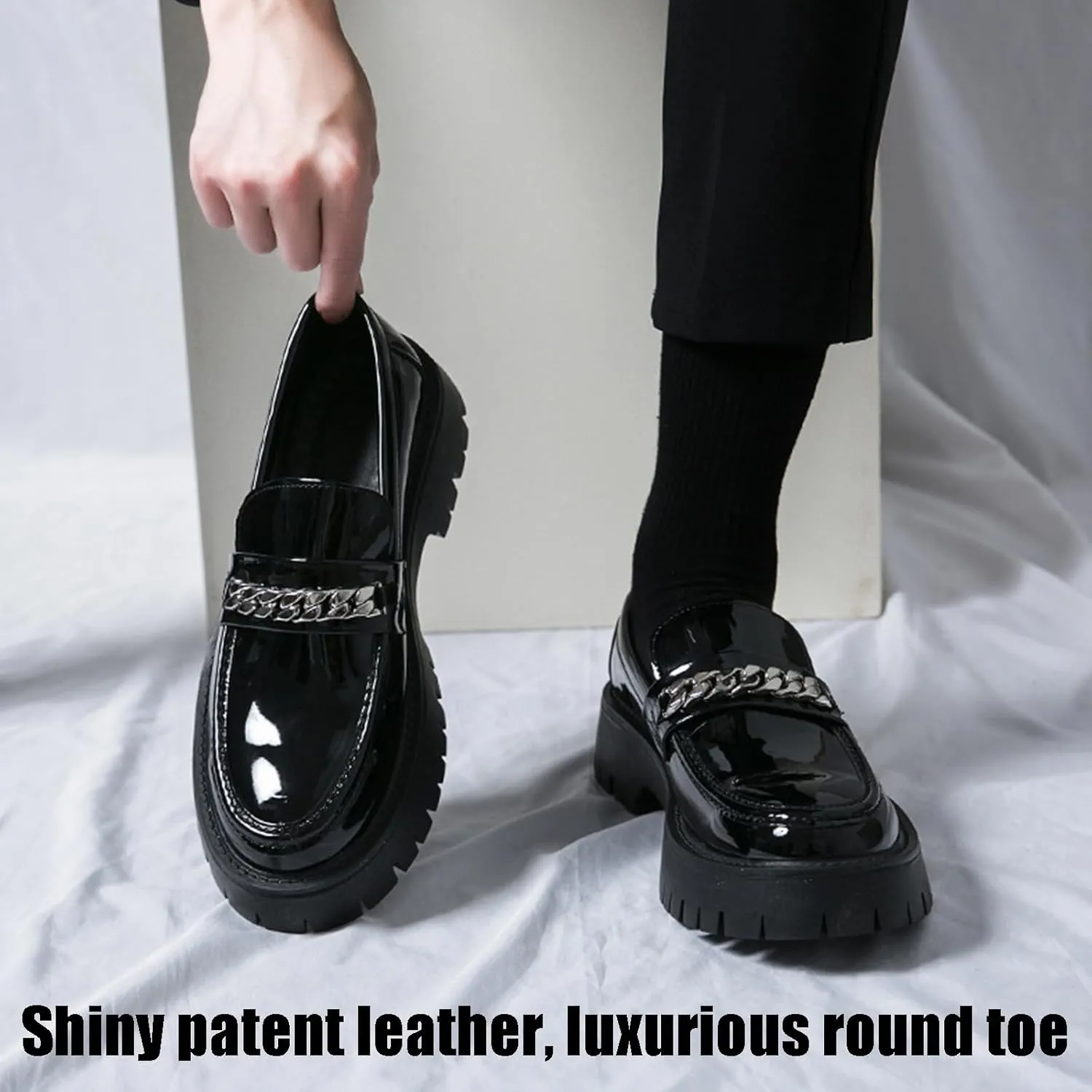Men's Patent Leather Slip on Platform Loafers with Chain Decor Luxury Round Toe Low Block Lug Sole Business Office Dress Shoes Non-Slip Dating Party Casual Shoes