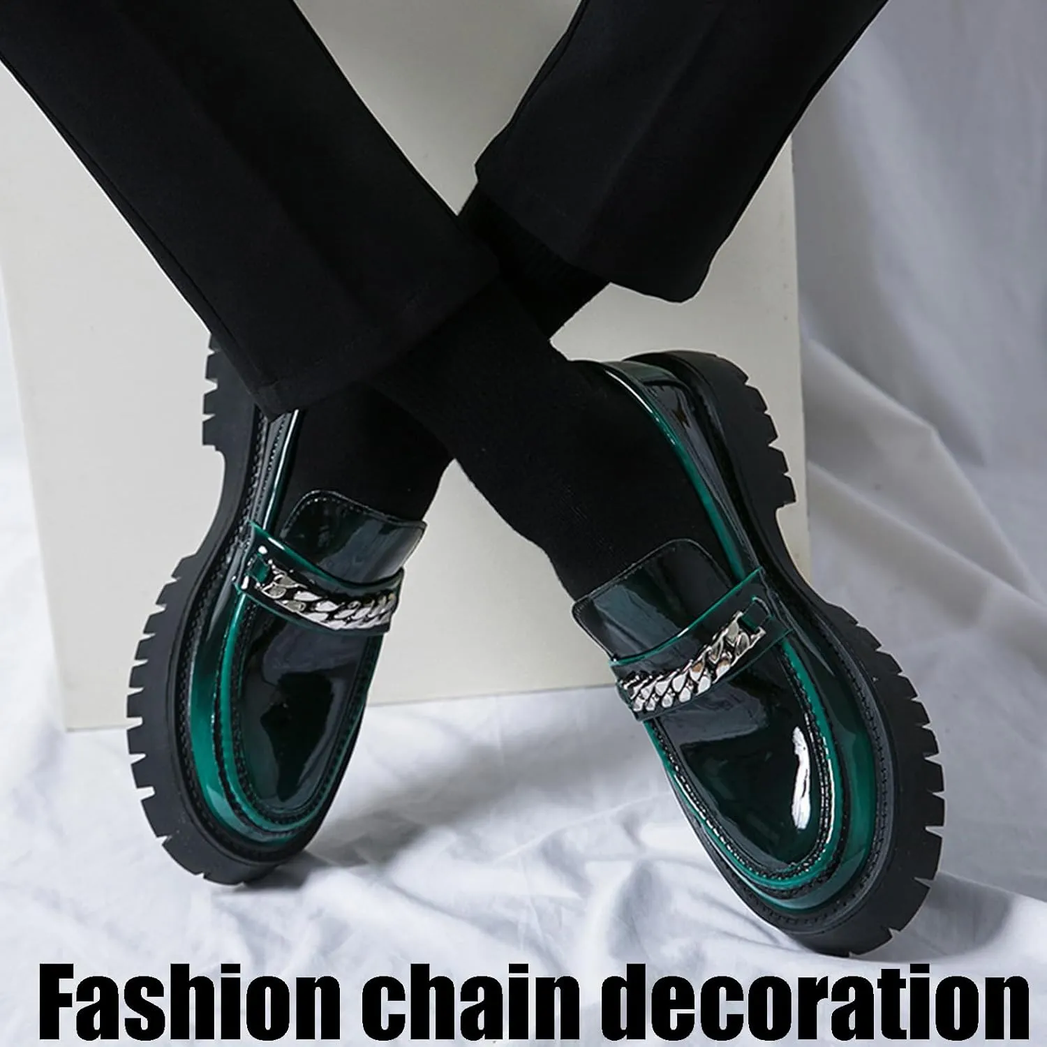 Men's Patent Leather Slip on Platform Loafers with Chain Decor Luxury Round Toe Low Block Lug Sole Business Office Dress Shoes Non-Slip Dating Party Casual Shoes
