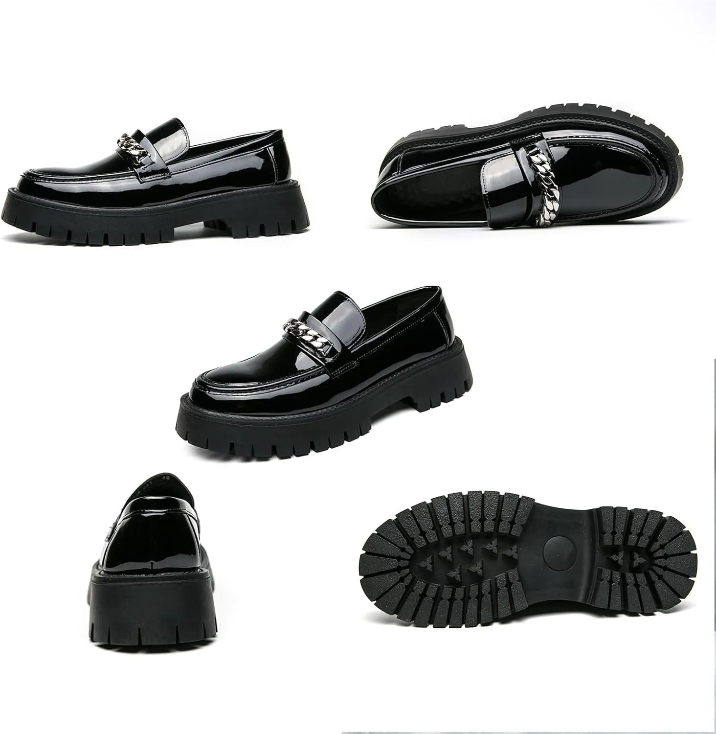 Men's Patent Leather Slip on Platform Loafers with Chain Decor Luxury Round Toe Low Block Lug Sole Business Office Dress Shoes Non-Slip Dating Party Casual Shoes