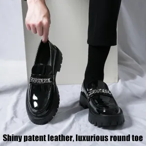 Men's Patent Leather Slip on Platform Loafers with Chain Decor Luxury Round Toe Low Block Lug Sole Business Office Dress Shoes Non-Slip Dating Party Casual Shoes