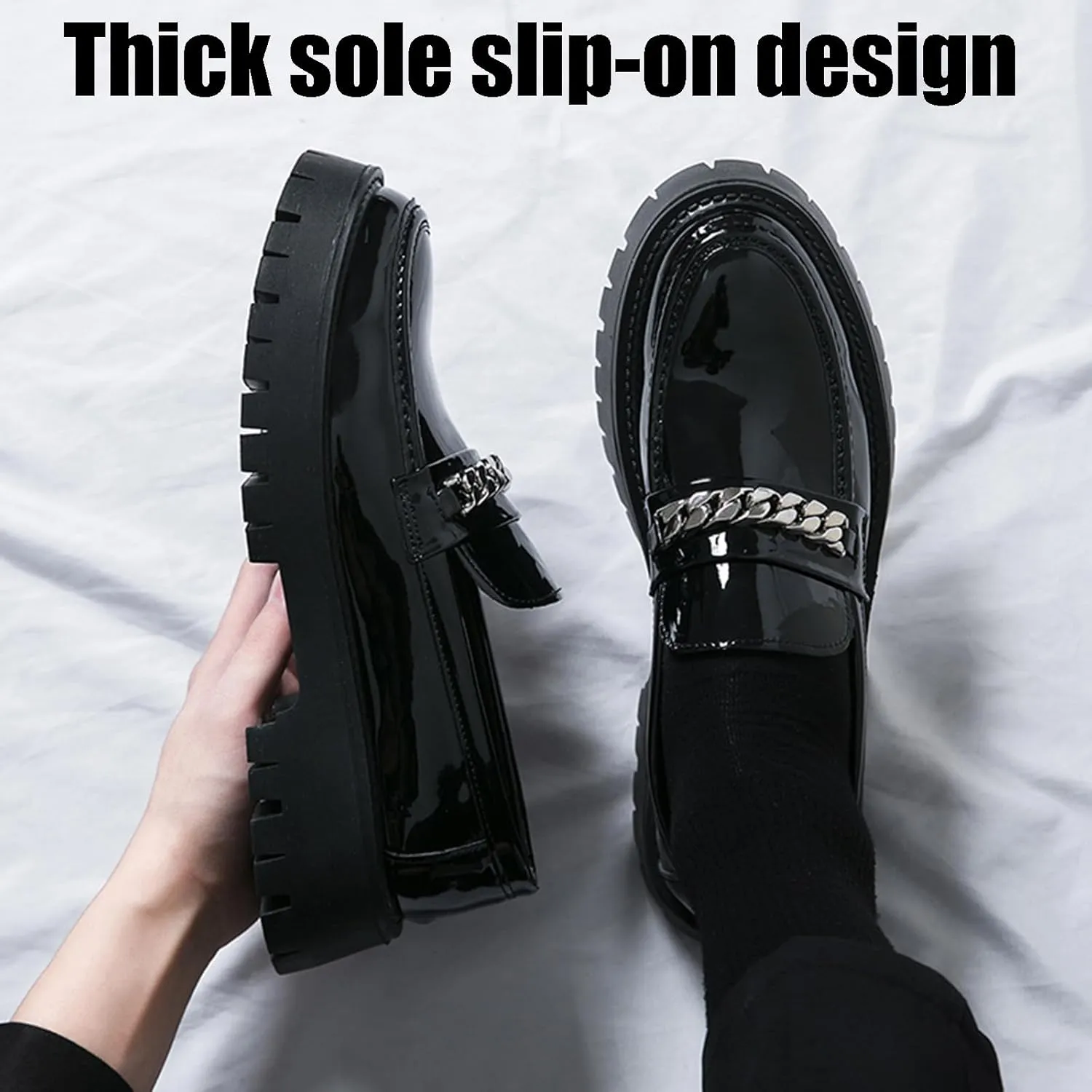 Men's Patent Leather Slip on Platform Loafers with Chain Decor Luxury Round Toe Low Block Lug Sole Business Office Dress Shoes Non-Slip Dating Party Casual Shoes