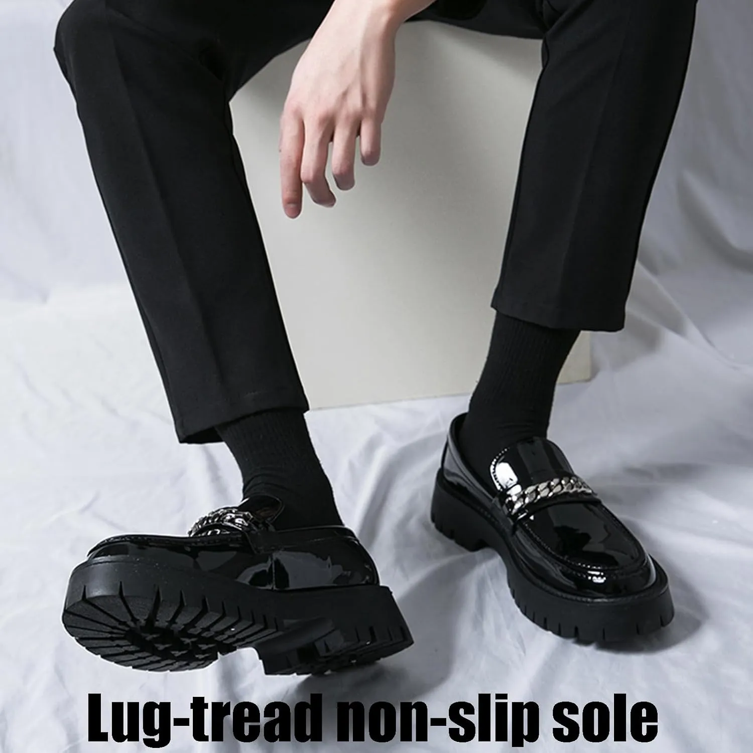 Men's Patent Leather Slip on Platform Loafers with Chain Decor Luxury Round Toe Low Block Lug Sole Business Office Dress Shoes Non-Slip Dating Party Casual Shoes