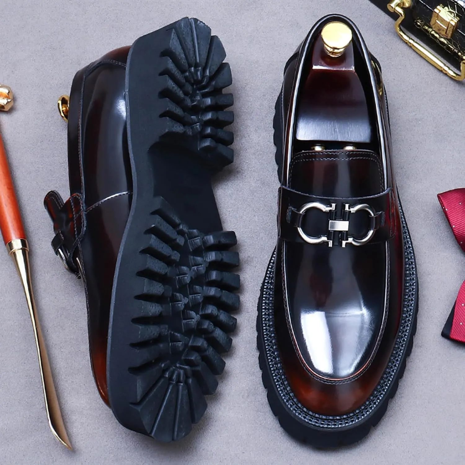 Men's Round-Toe Loafers, Genuine Leather Boat Shoes, Buckle Walking Shoe Casual Leather Shoes for Male