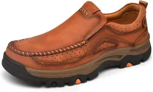 Mens Slip On Casual Loafers Classic Outdoor Leather Walking Hiking Shoes Comfortable for Work Office Dress Outdoor