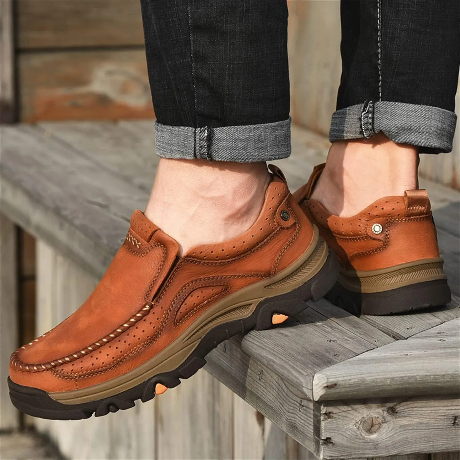 Mens Slip On Casual Loafers Classic Outdoor Leather Walking Hiking Shoes Comfortable for Work Office Dress Outdoor
