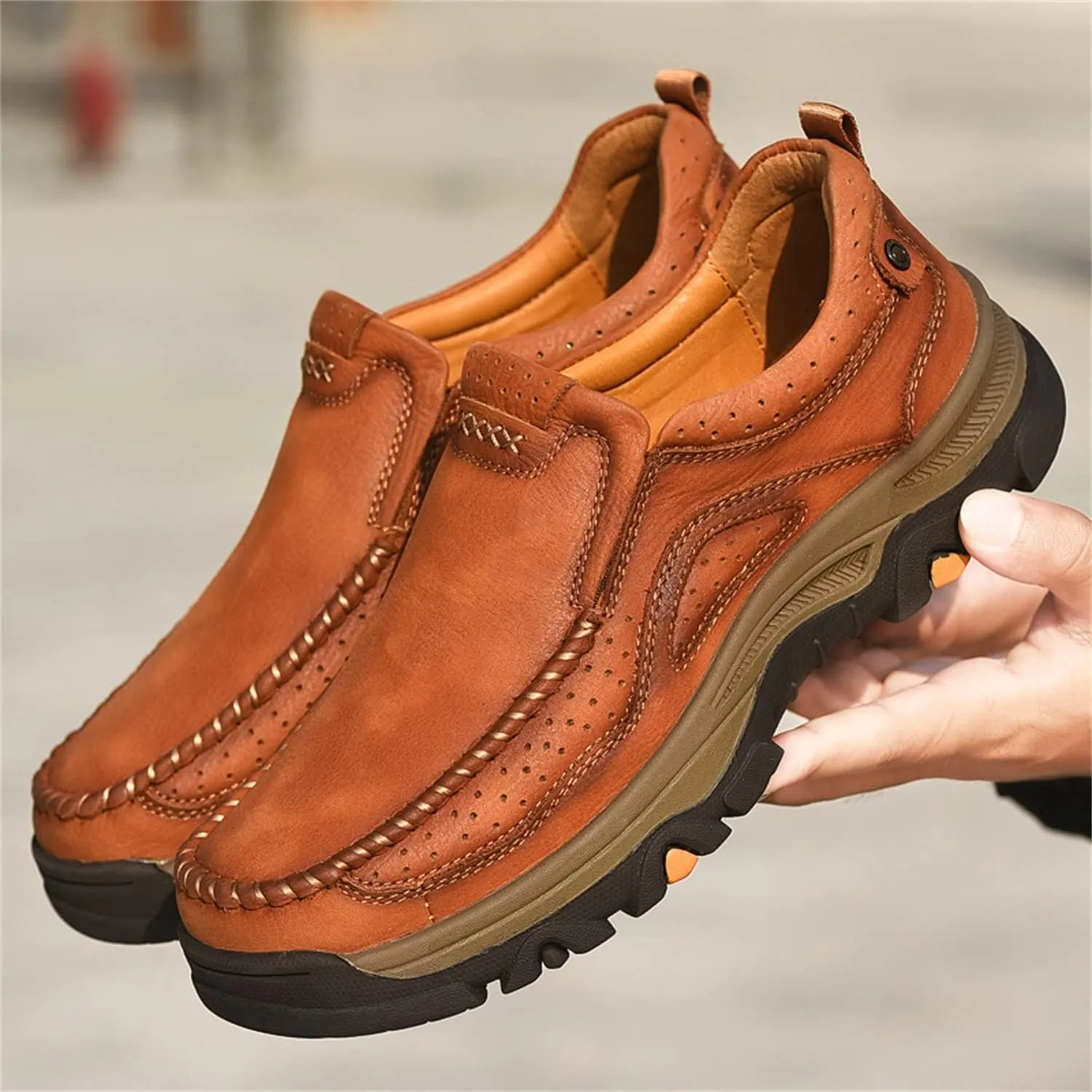 Mens Slip On Casual Loafers Classic Outdoor Leather Walking Hiking Shoes Comfortable for Work Office Dress Outdoor